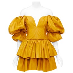 AJE 2019 Castellain mustard yellow leather puff sleeve tiered mini dress UK6 XS