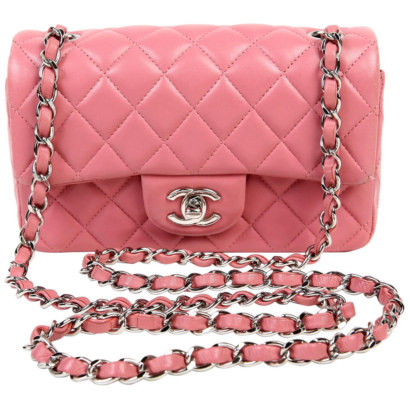 Chanel Pink Lambskin Mini Classic Flap SHW For Sale