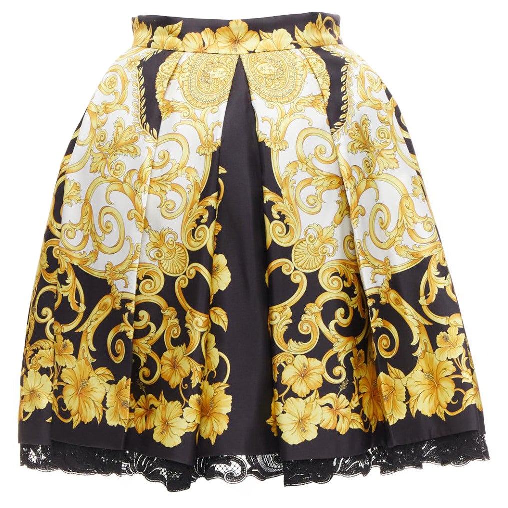 VERSACE 2018 100% silk Barocco Hibiscus print lace trimmed flared skirt IT36 XS For Sale