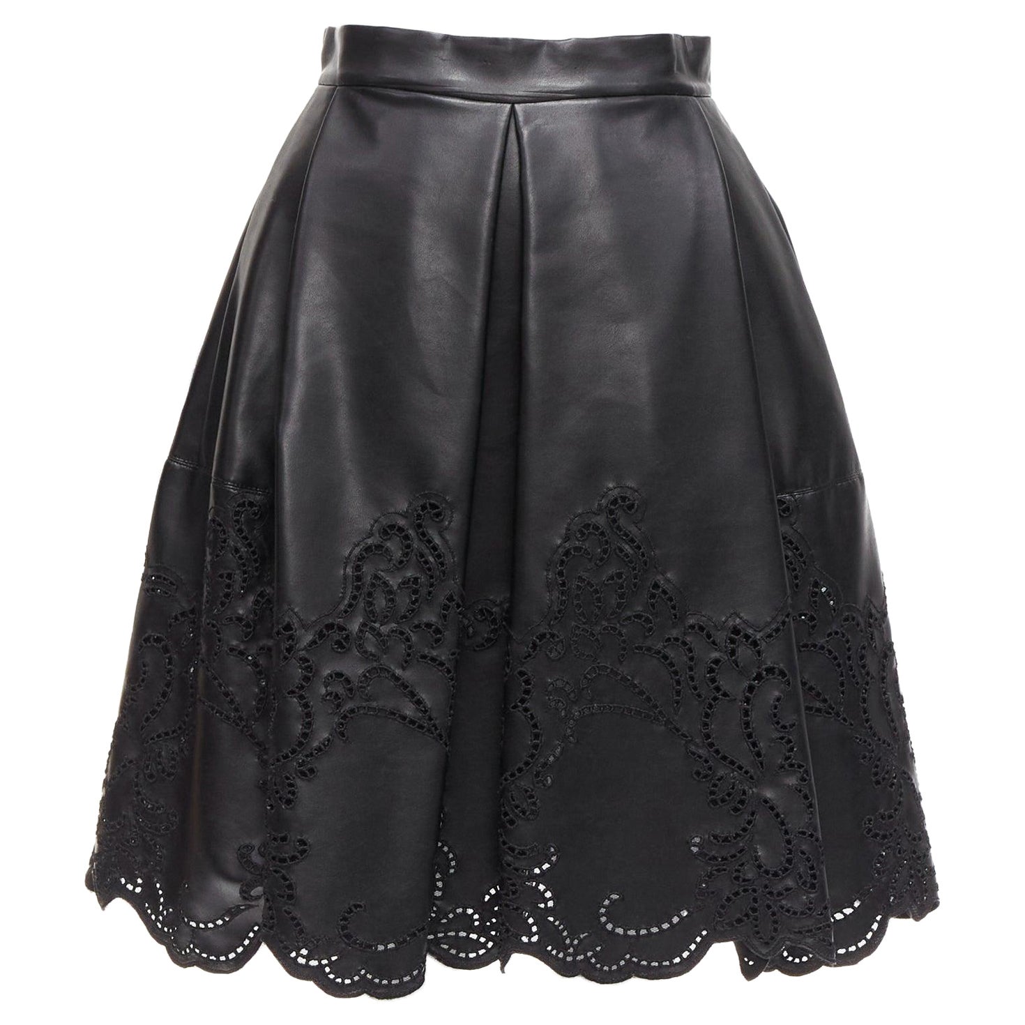 ERMANNO SCERVINO black faux leather lattice embroidery scalloped skirt IT38 XS For Sale