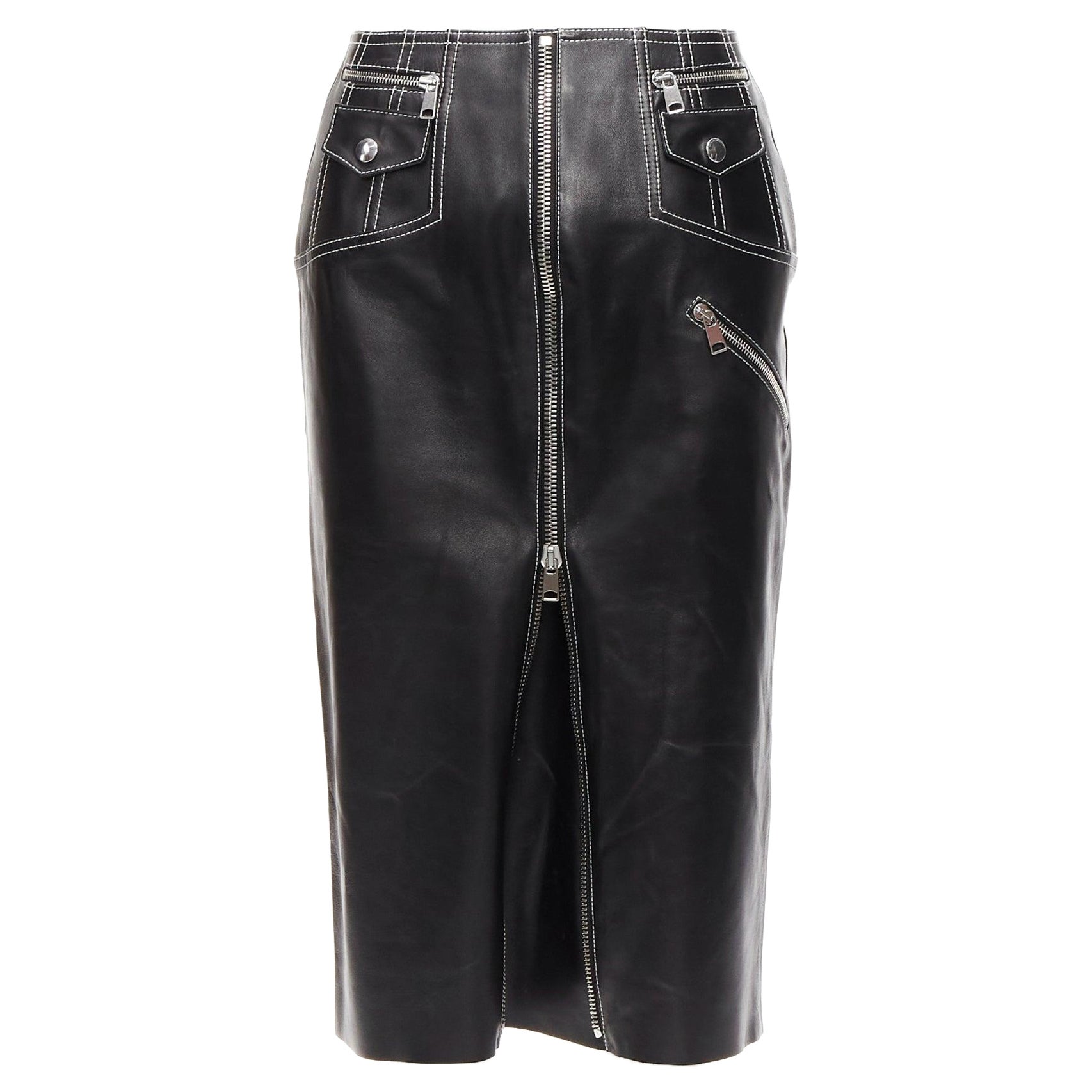 ALEXANDER MCQUEEN black leather white overstitch biker zip pencil skirt IT38 XS For Sale
