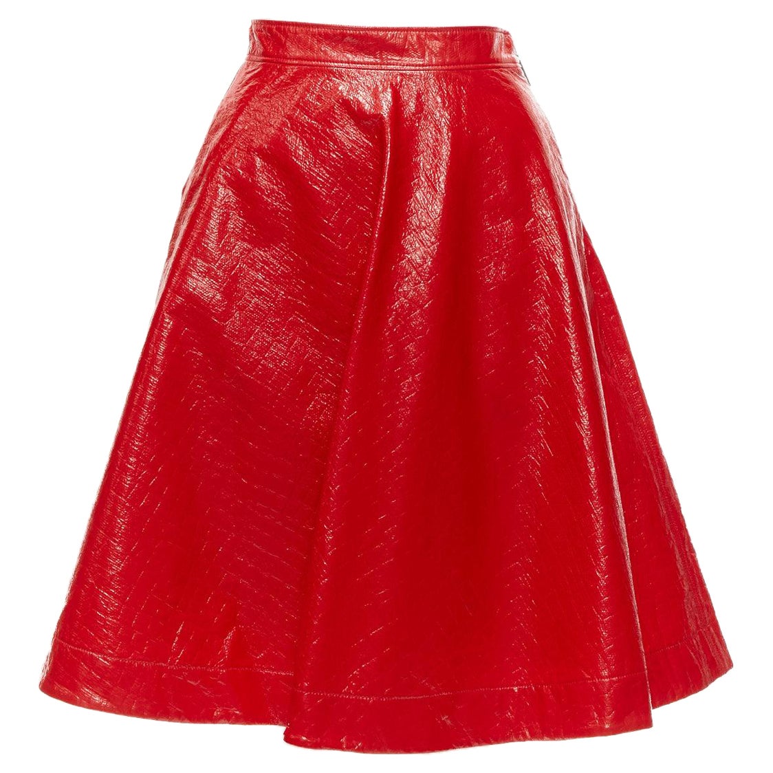 MSGM red faux patent high shine crinkled A-line flared skirt IT38 XS For Sale