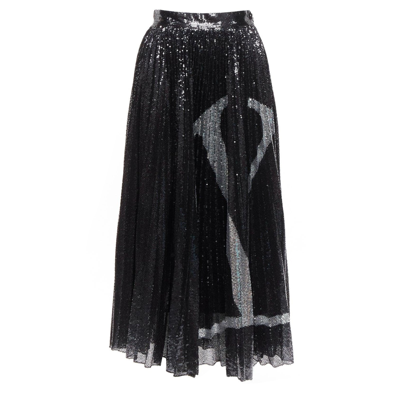 VALENTINO VLOGO black silver sequins embellished pleated plisse midi skirt XS For Sale