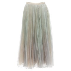 CHRISTIAN DIOR green nude pleated sheer tulle layered midi skirt FR36 S