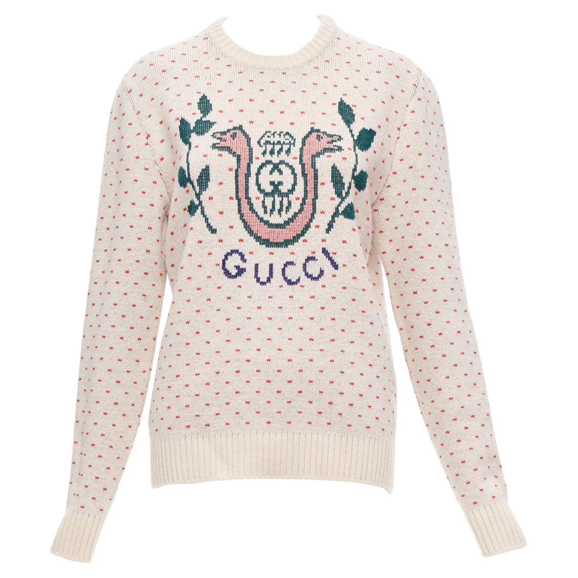 GUCCI 100% wool cream red fairisle vintage Crest logo intarsia sweater top XS For Sale