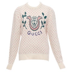 Gucci 100% laine crème rouge fairisle vintage Crest logo intarsia pull top XS