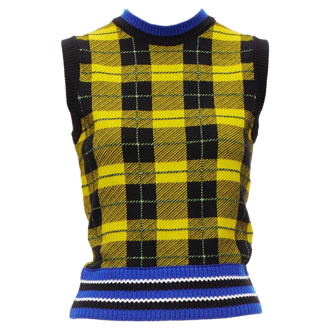 VERSACE 2018 punk tartan blue web trim wool blend sweater vest IT38 XS For Sale
