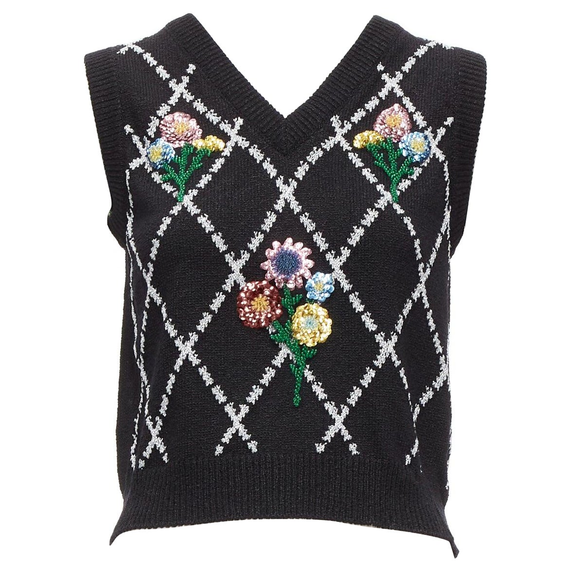 GUCCI black silver diamong argyle floral embellished sweater vest S For Sale