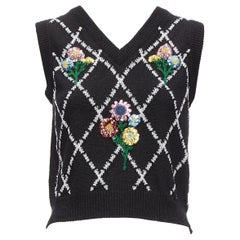 Used GUCCI black silver diamong argyle floral embellished sweater vest S