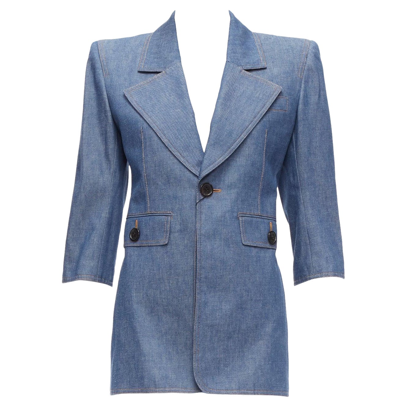 SAINT LAURENT 2022 Runway blue denim Power shoulder blazer mini dress FR34 For Sale