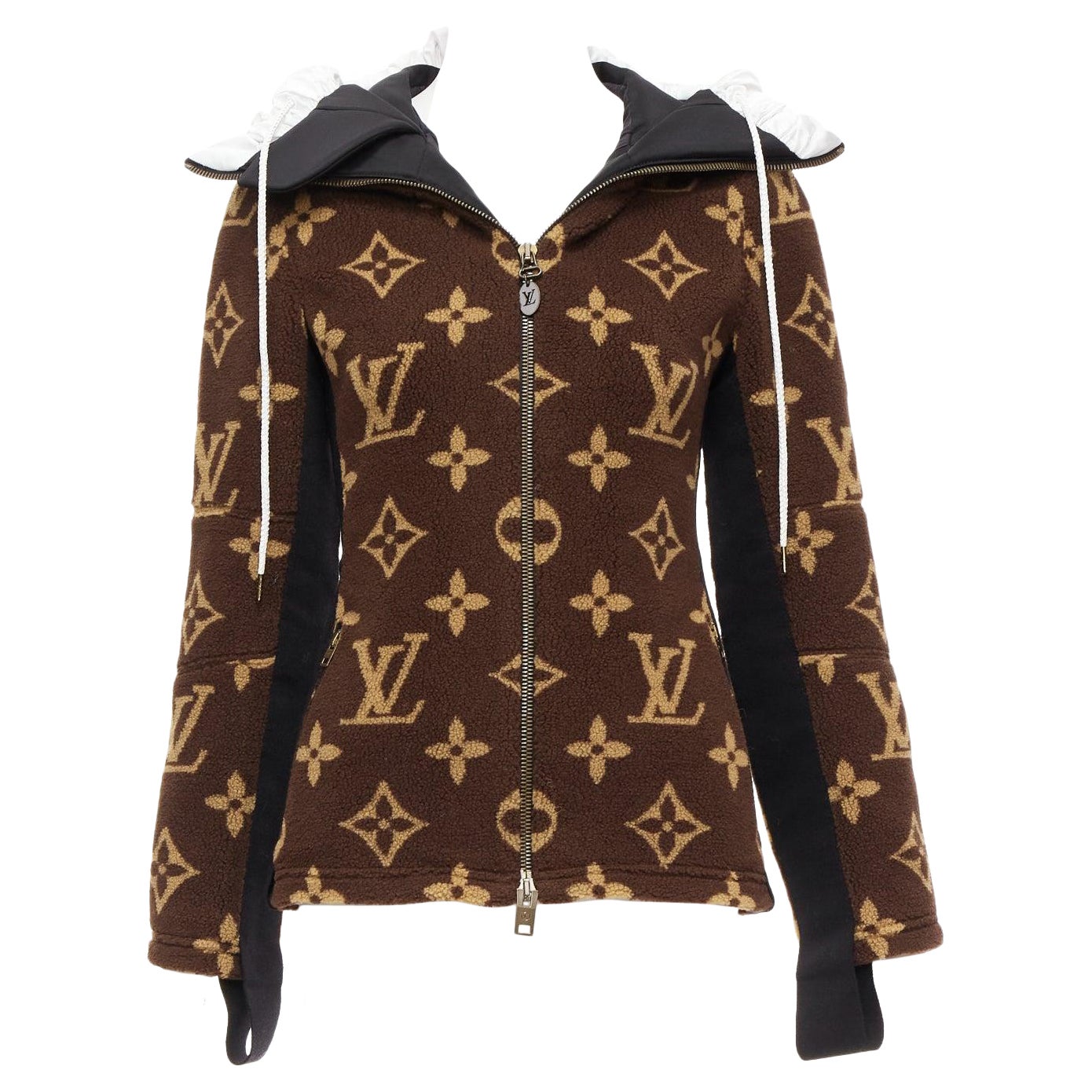 rare LOUIS VUITTON 2021 Giant XL monogram brown fleece hooded jacket FR34 XS For Sale