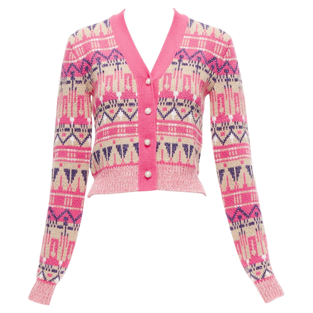 PACO RABANNE pink wool blend metallic fairisle pearl button cropped cardigan XS For Sale