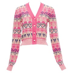 PACO RABANNE pink wool blend metallic fairisle pearl button cropped cardigan XS