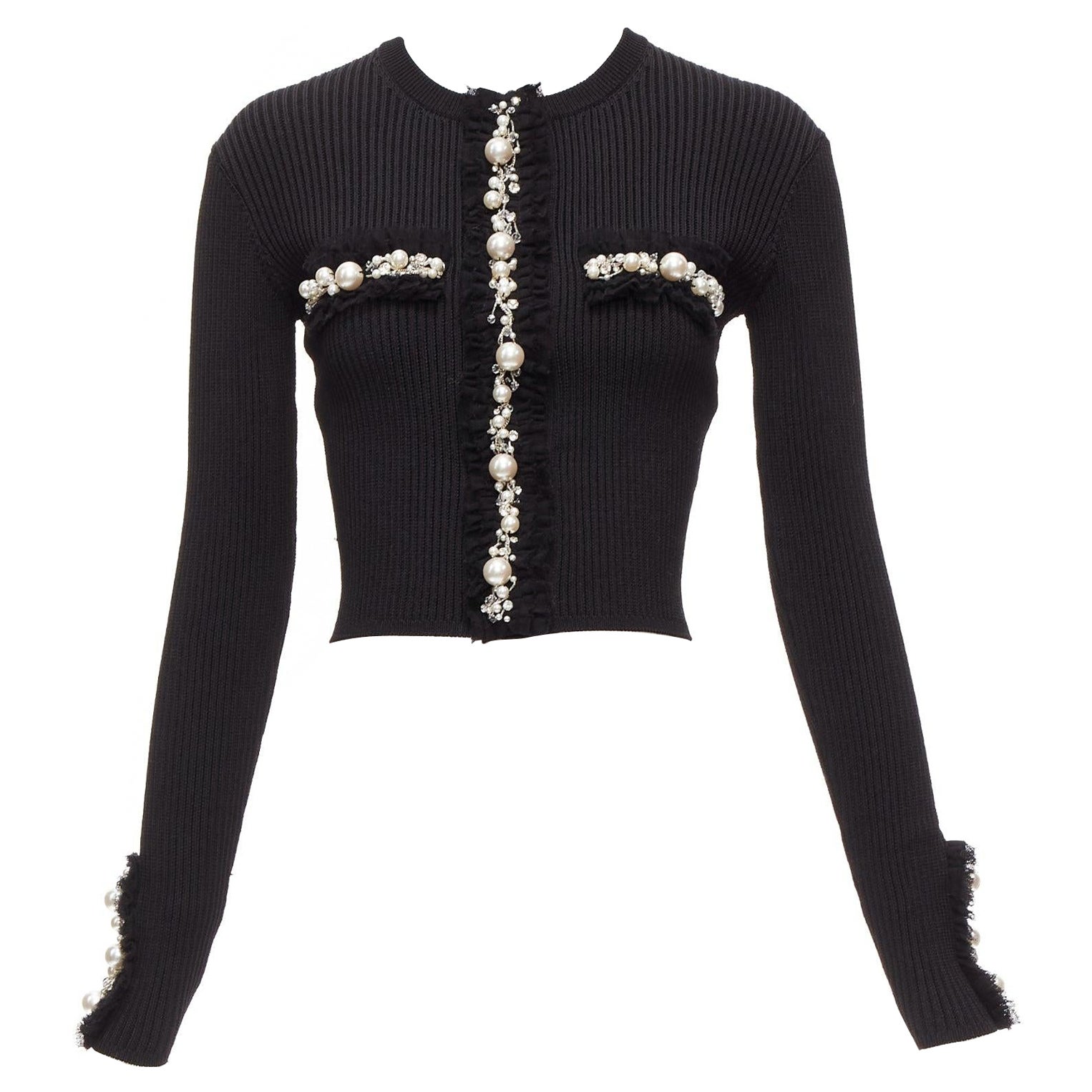 BALMAIN black ribbed pearl jewel crystal embellished cropped cardigan FR36 XS For Sale