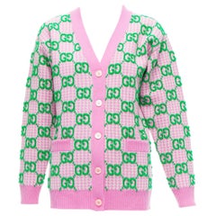 GUCCI 2023 wool pink green GG monogram jacquard oversized cardigan sweater XS