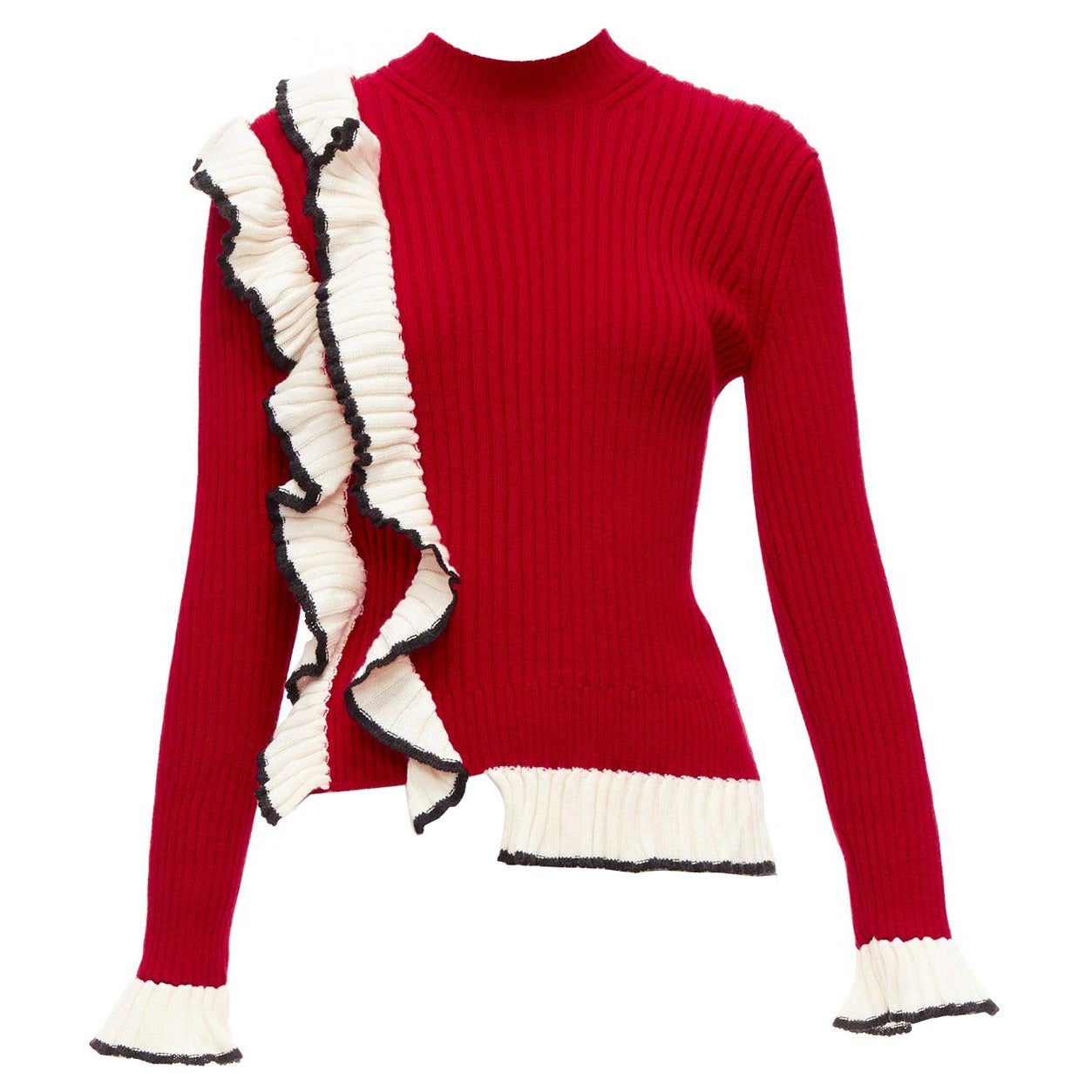 MSGM red wool blend white ruffle trim flared cuff ribbed knit sweater top XS For Sale