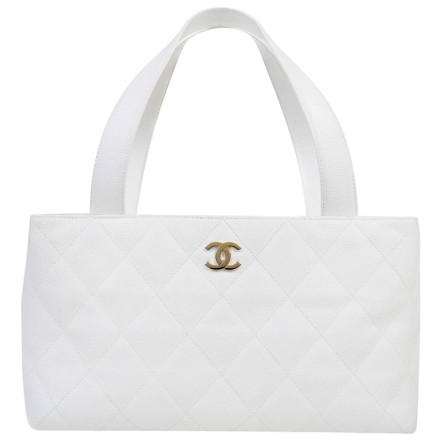 Chanel White Caviar Leather Tote Bag For Sale