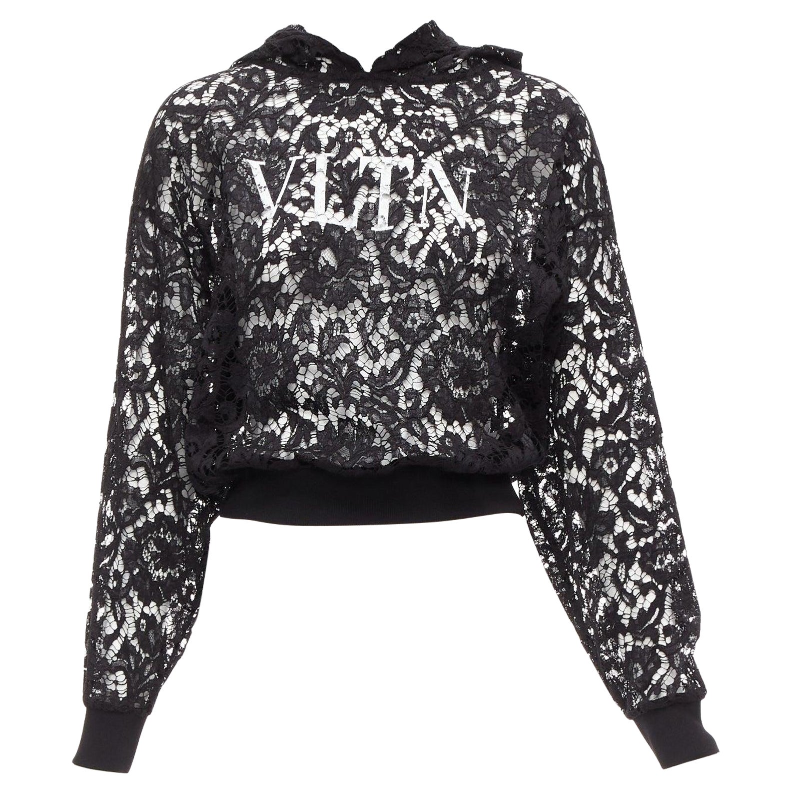VALENTINO VLTN logo print floral black sheer lace hoodie lace cropped hoodie S For Sale