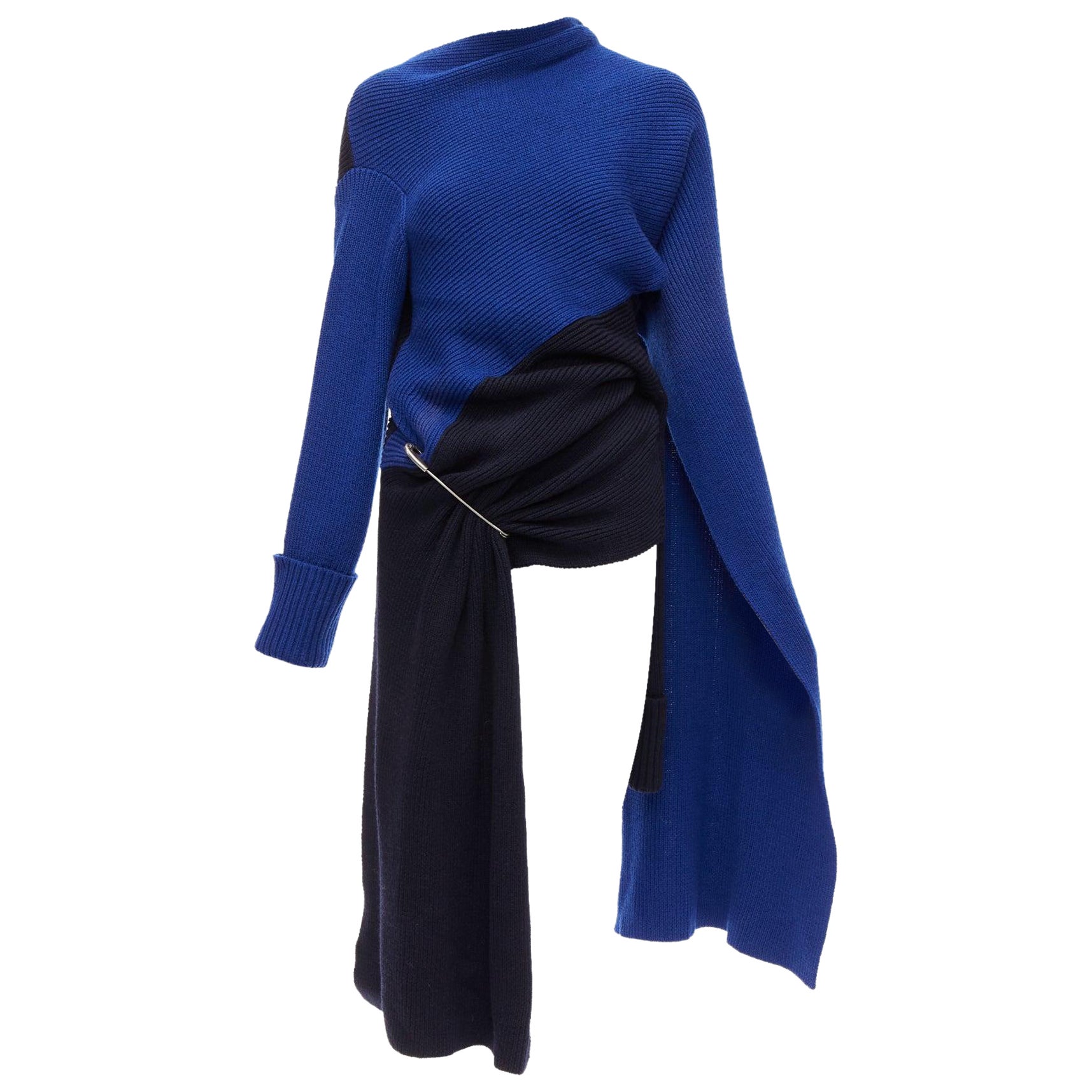 MONSE Runway merino wool blue navy colorblock XL pin cape sleeve sweater XS For Sale