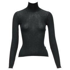 CHRISTIAN DIOR black cashmere silk fine knit ribbed turtleneck sweater FR34 XS