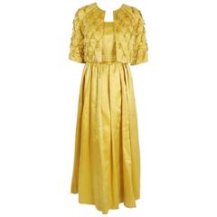 1960's Jane Derby Golden-Yellow Satin Evening Gown & Quilted Tassel Jacket Set 11