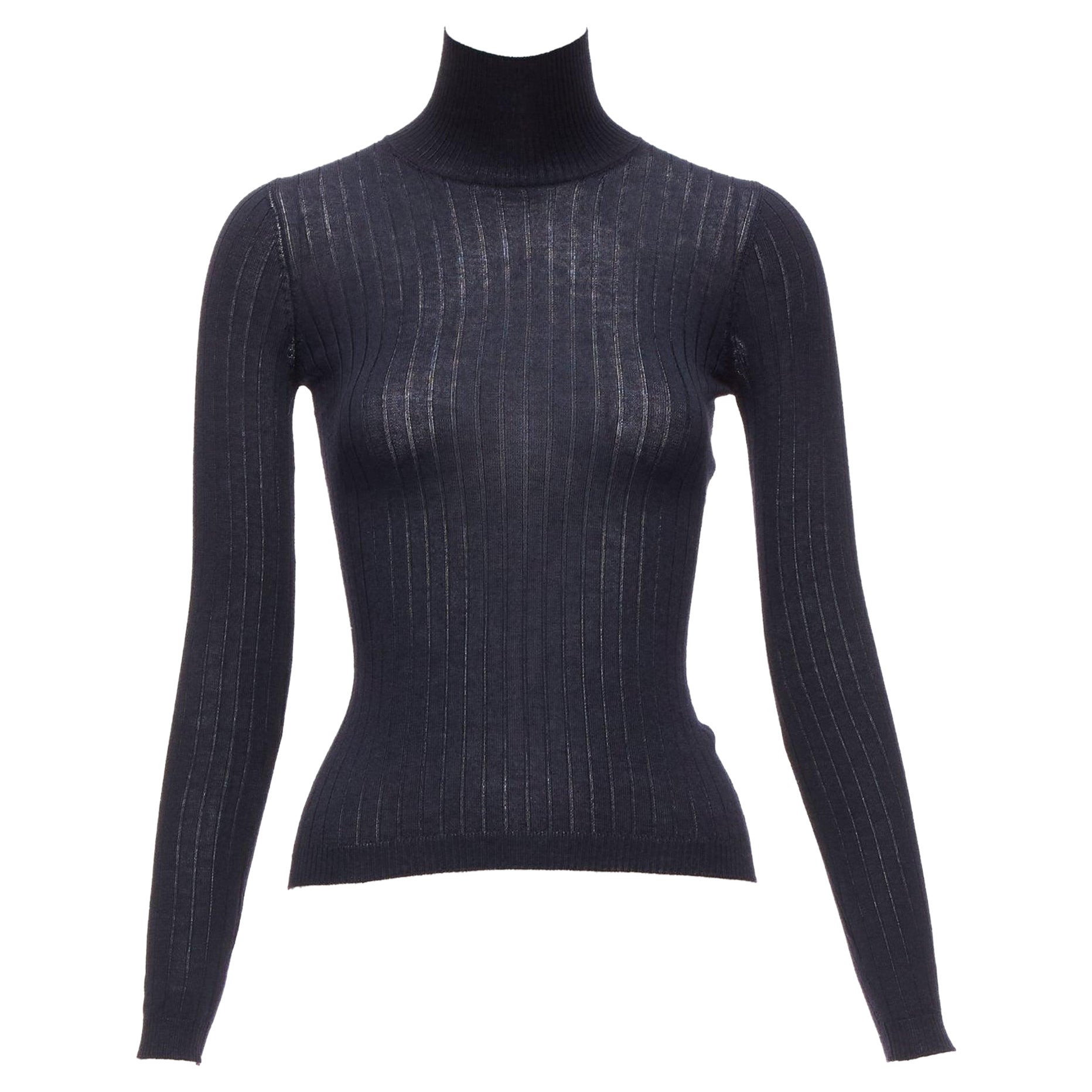 CHRISTIAN DIOR navy cashmere silk fine knit ribbed turtleneck sweater FR34 XS For Sale