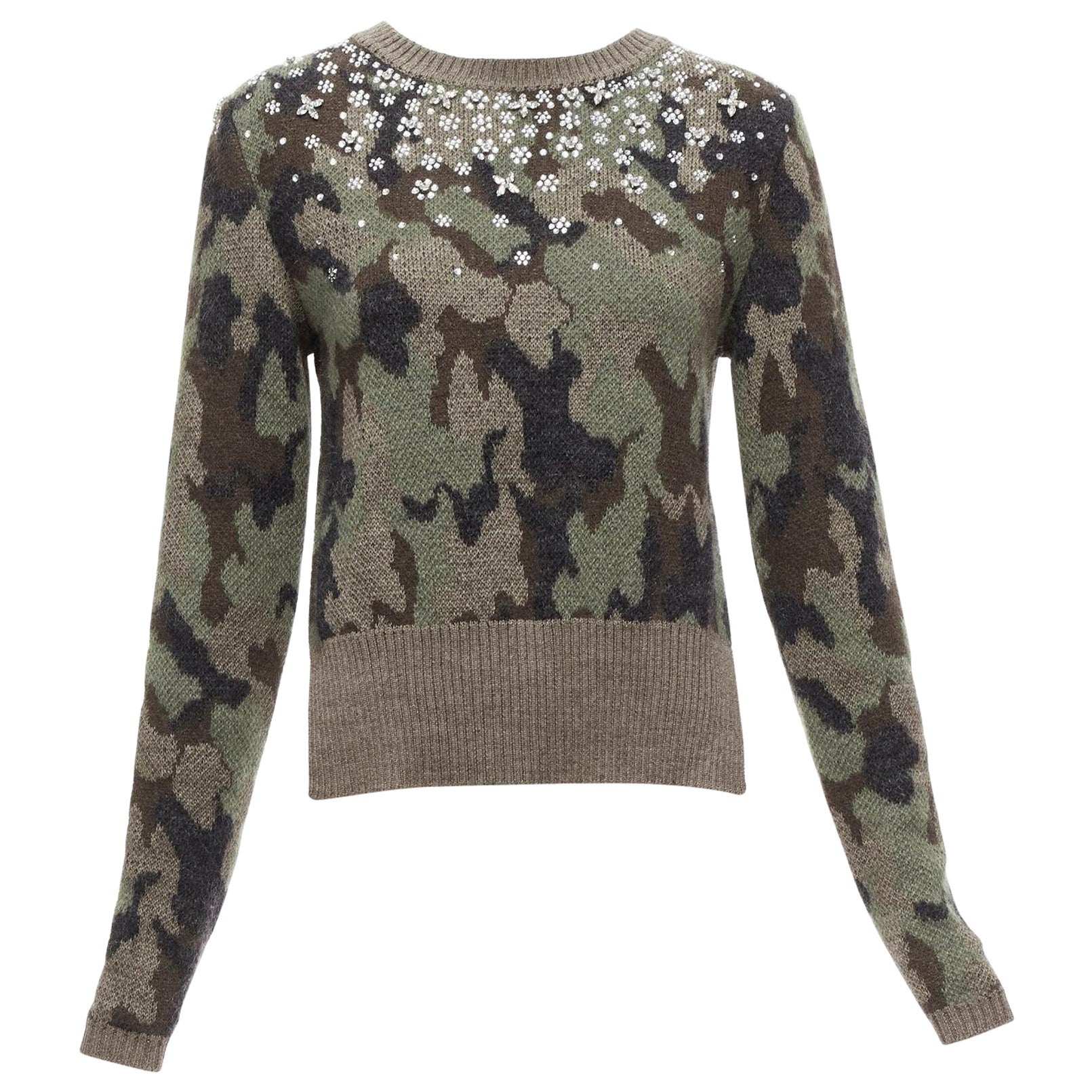 GIAMBATTISTA VALLI 2021 green camouflage mohair crystal jewel sweater IT42 S For Sale