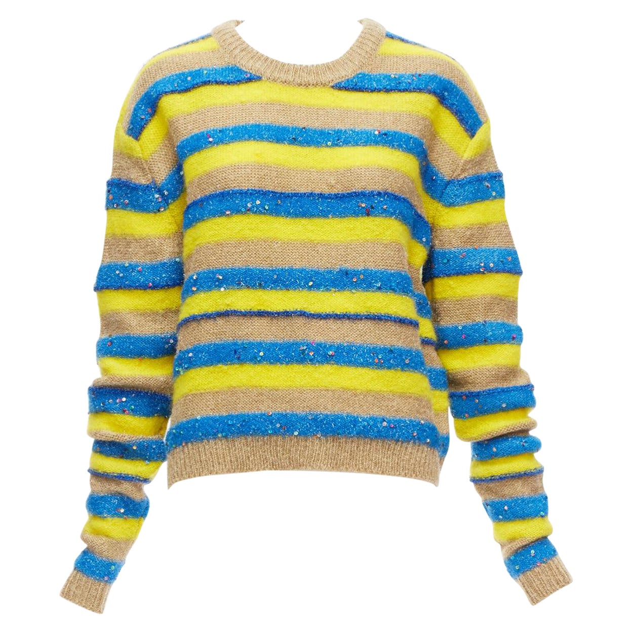 ASHISH brown yellow blue striped mixed sequins lurex knitted sweater top XS For Sale