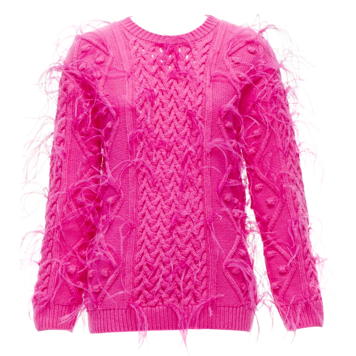 rare VALENTINO PP Pink wool feather embellished mixed cable knit sweater XS For Sale