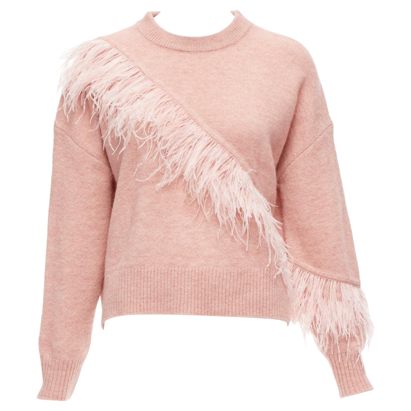 CINQ A SEPT Merritt blush pink feather trimmed wool blend cropped sweater XS For Sale