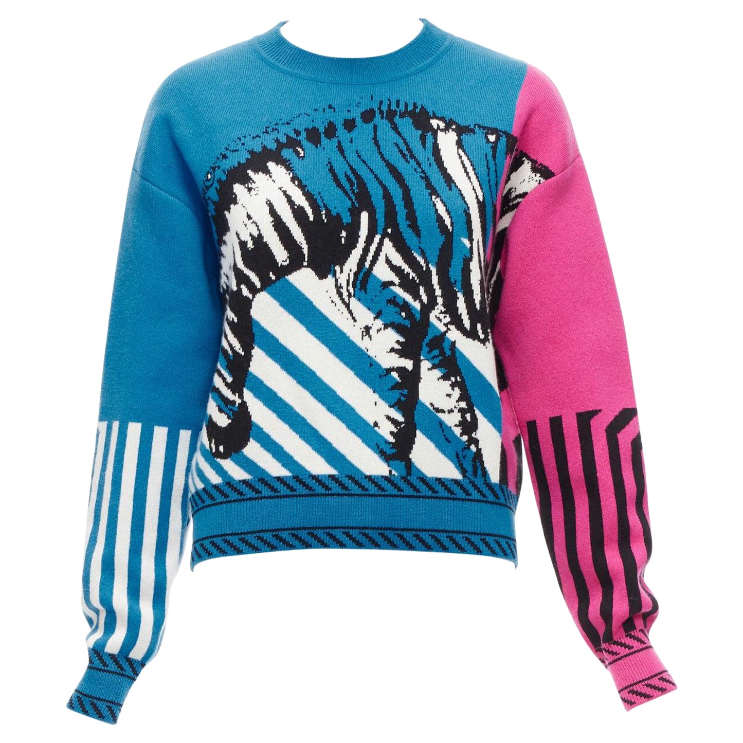 CHRISTIAN DIOR D-Jungle Pop Zebra graphic blue pink cashmere sweater FR34 S For Sale