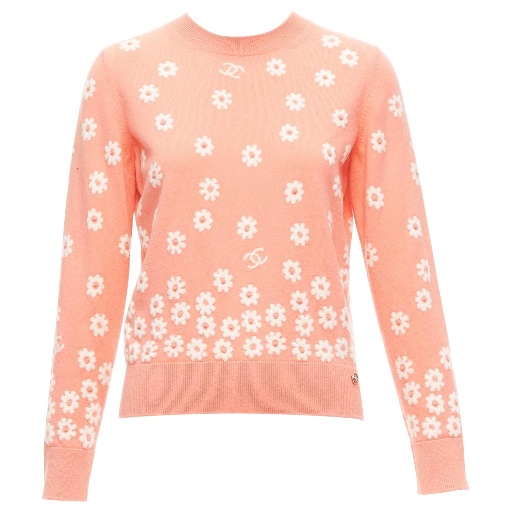 CHANEL 22P peach cashmere blend floral CC knitted pullover sweater FR34 For Sale
