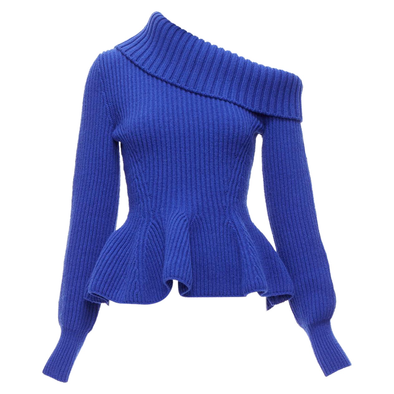 ALEXANDER MCQUEEN cobalt blue wool cashmere off shoulder peplum ribbed sweater S For Sale