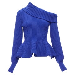 ALEXANDER MCQUEEN cobalt blue wool cashmere off shoulder peplum ribbed sweater S