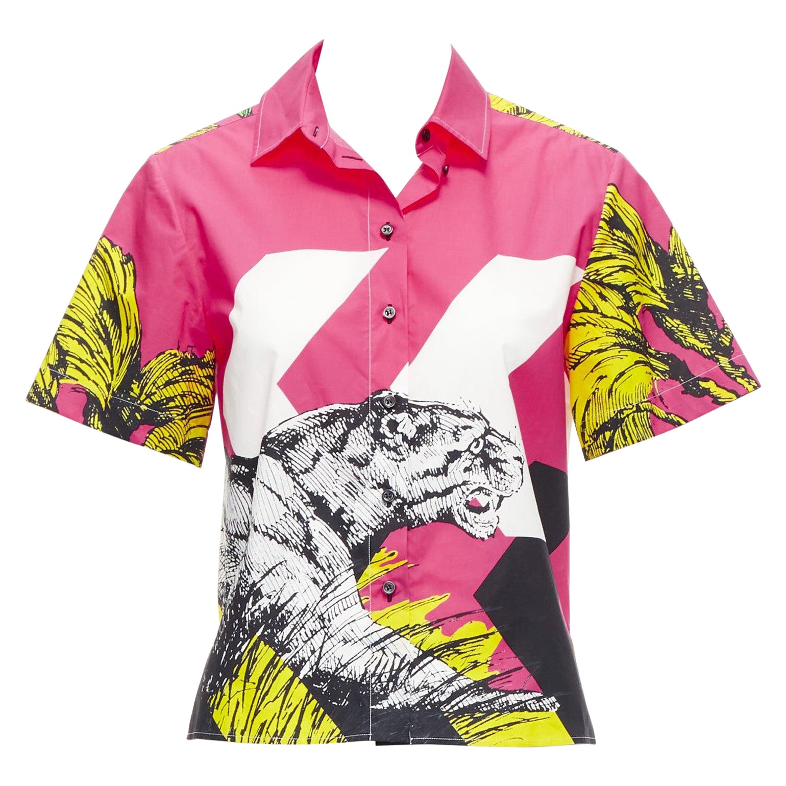 CHRISTIAN DIOR D-Jungle Pop Tiger pink print poplin short sleeve shirt FR34 XS For Sale