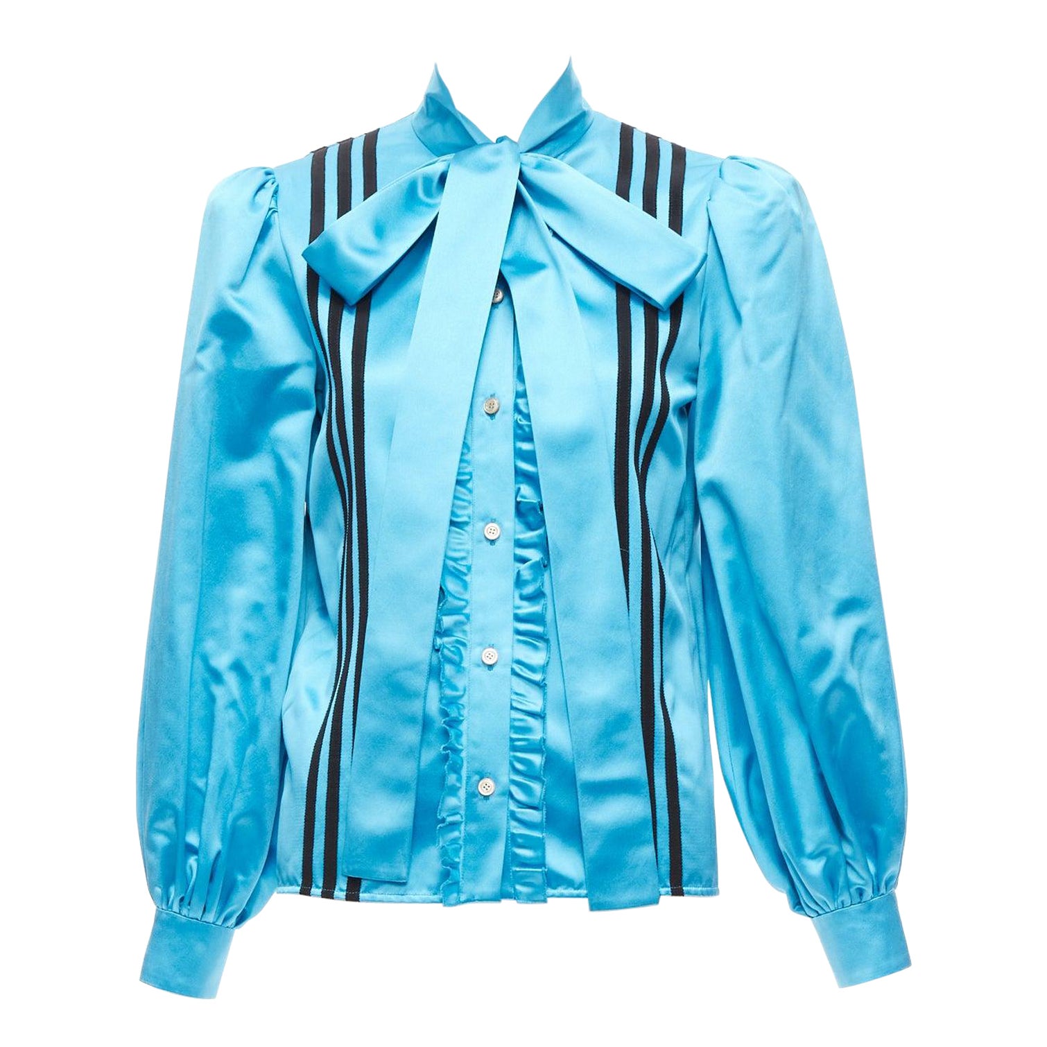 rare GUCCI ADIDAS blue silk 3 stripe pussy bow Victorian puff sleeve blouse IT38 For Sale