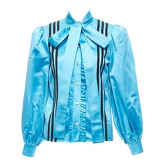 rare GUCCI ADIDAS blue silk 3 stripe pussy bow Victorian puff sleeve blouse IT38