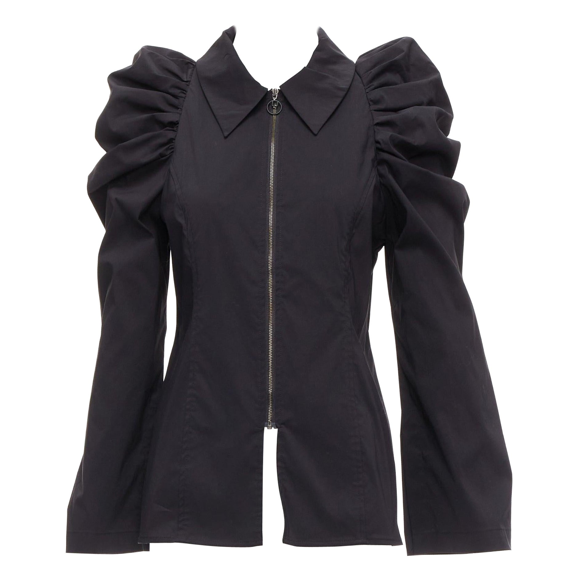 MINJUKIM 2022 black Victorian puff sleeve zip front cotton blend shirt IT36 XXS For Sale