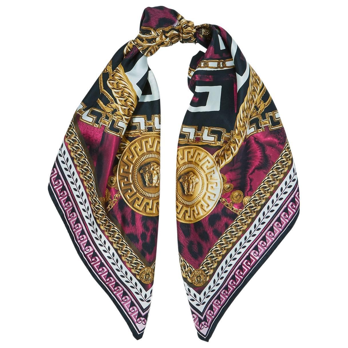 Versace NEW Purple Gold Black Multi Color Medusa Head Chain Silk Scarf