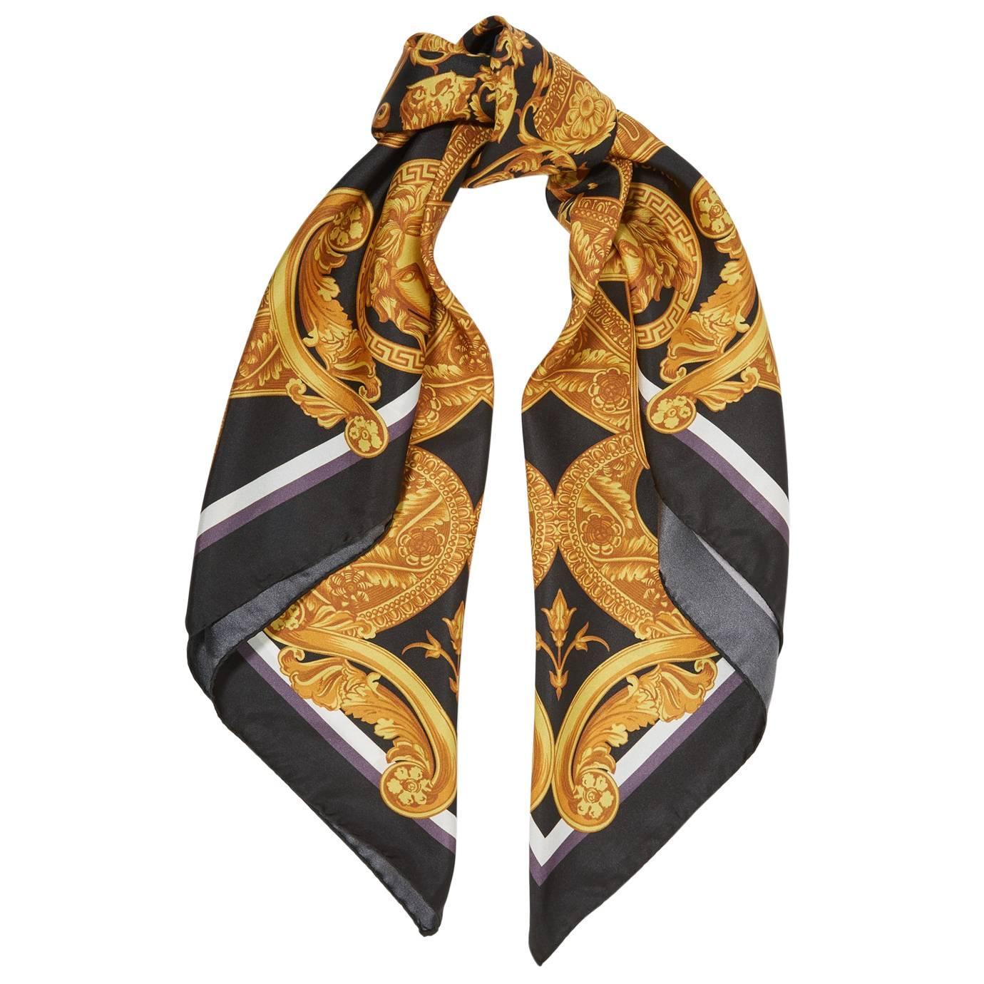 Versace NEW Gold Black White Multi Color Medusa Head Silk Scarf in Box