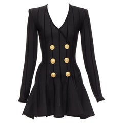 BALMAIN 2023 black striped chenille gold lion button mesh mini dress FR34 XS