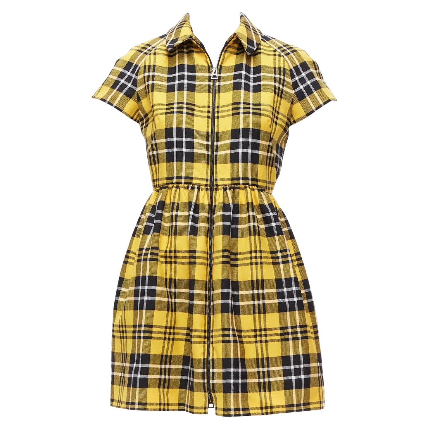 CHRISTIAN DIOR 2022 Runway yellow punk plaid tartan wool zip front dress FR34 XS For Sale