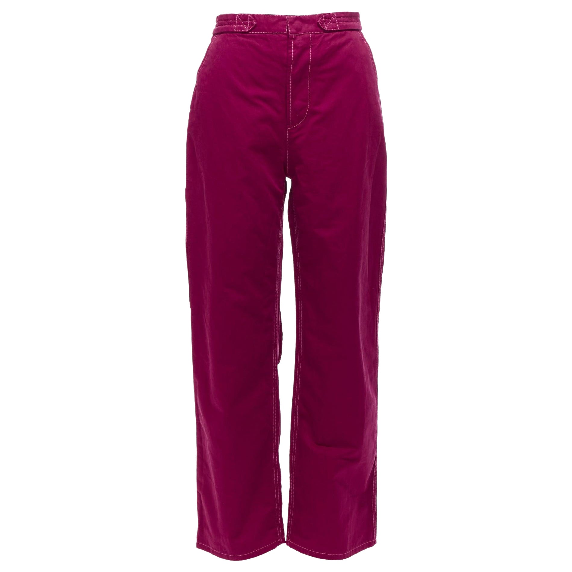 MARNI burgundy cotton linen topstitch belt waist wide leg pants IT38 XS For Sale