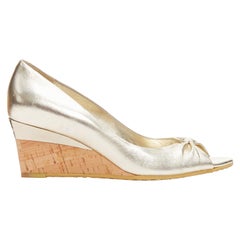 GUCCI metallic gold leather bow open toe cord metal wedge mid heel EU36.5