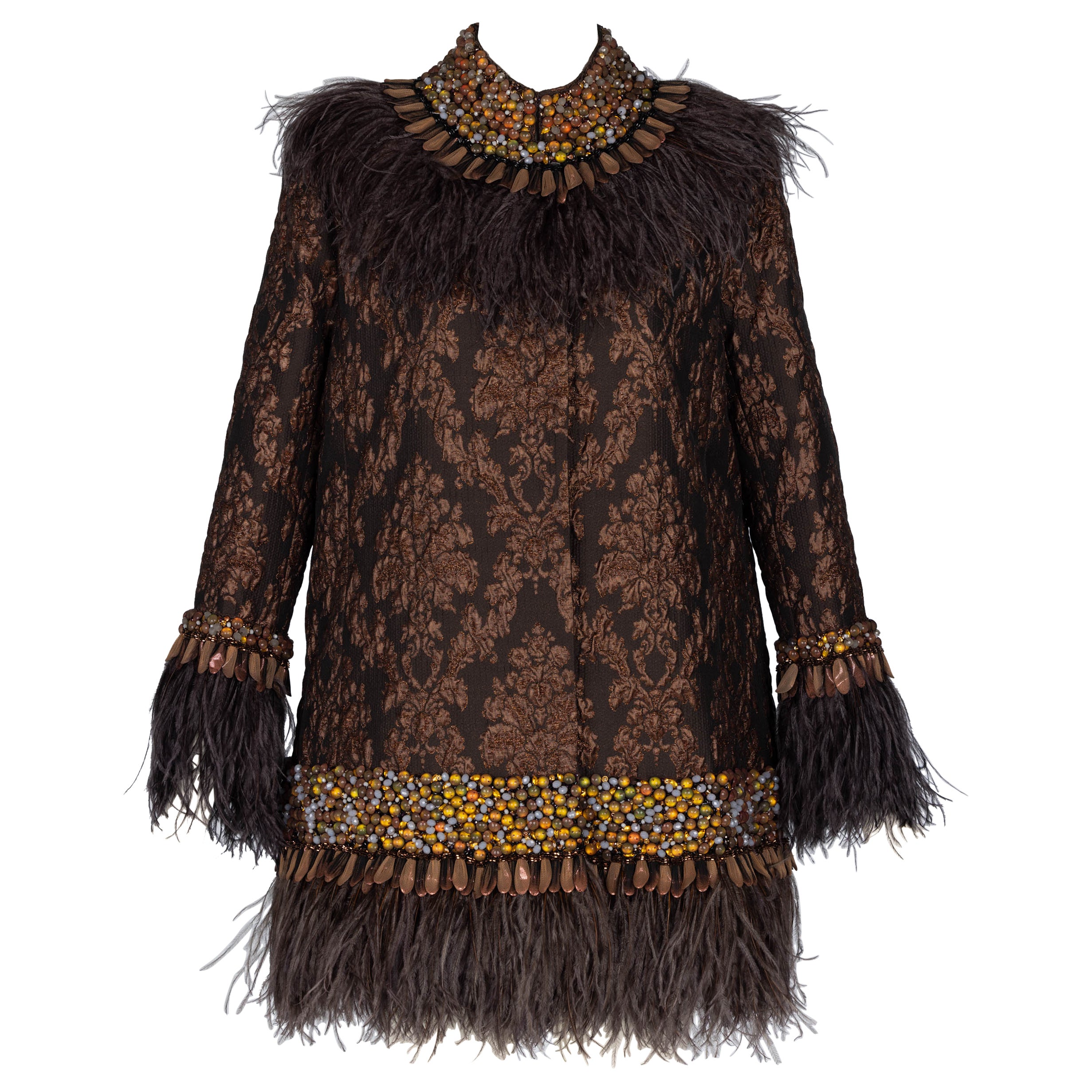 Andrew GN Brown Brocade Feather and Jewel Embellished Coat For Sale