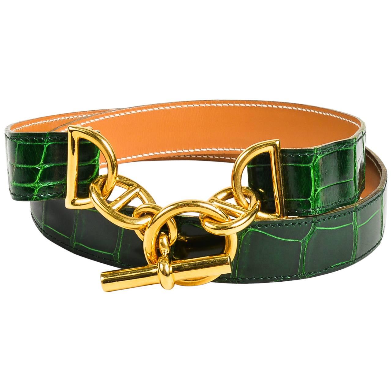 Hermes Green & Gold Tone Alligator Leather "Chaine D'Ancre" Belt Size 80 For Sale