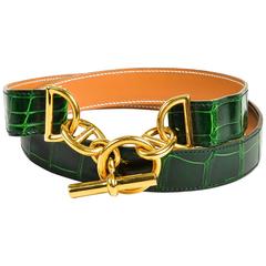 Hermes Green & Gold Tone Alligator Leather "Chaine D'Ancre" Belt Size 80