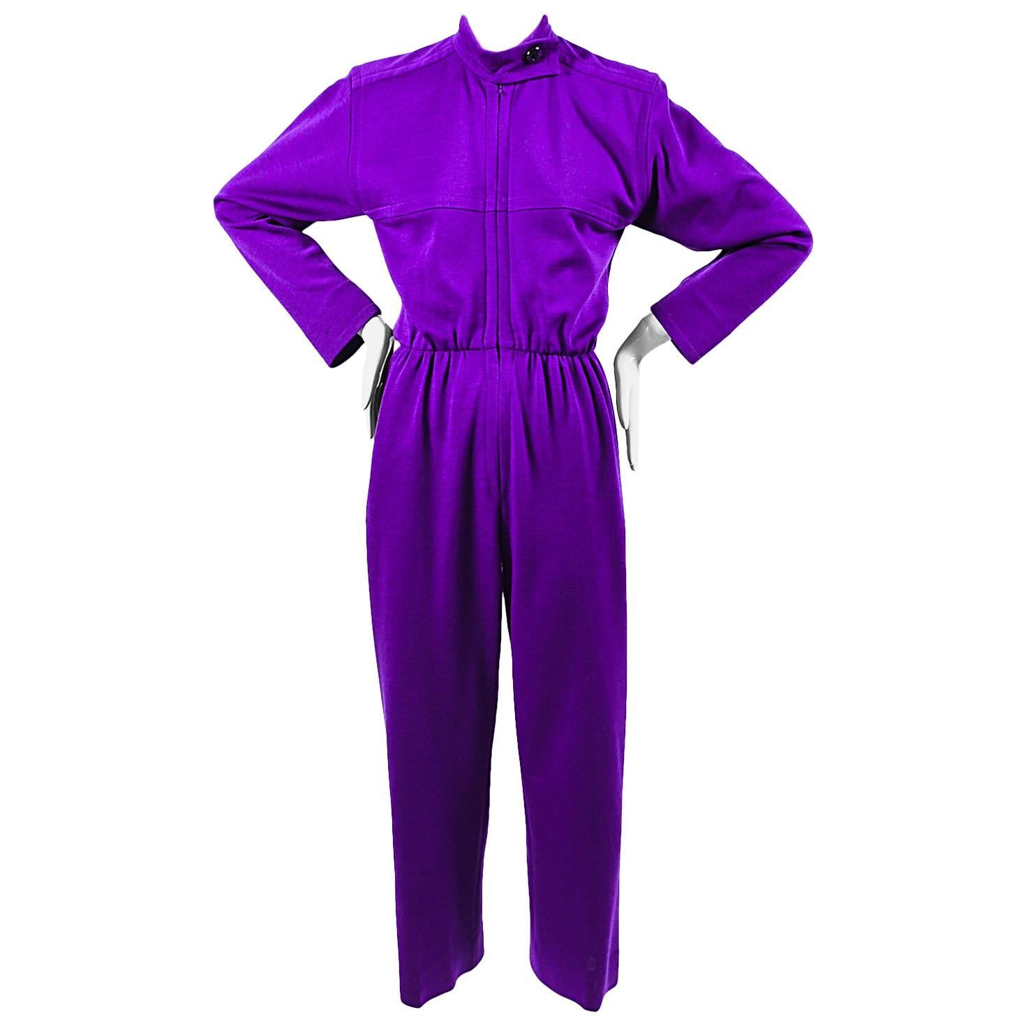 Vintage Saint Laurent Purple Wool Long Sleeve Stand Collar Jumpsuit Size 34
