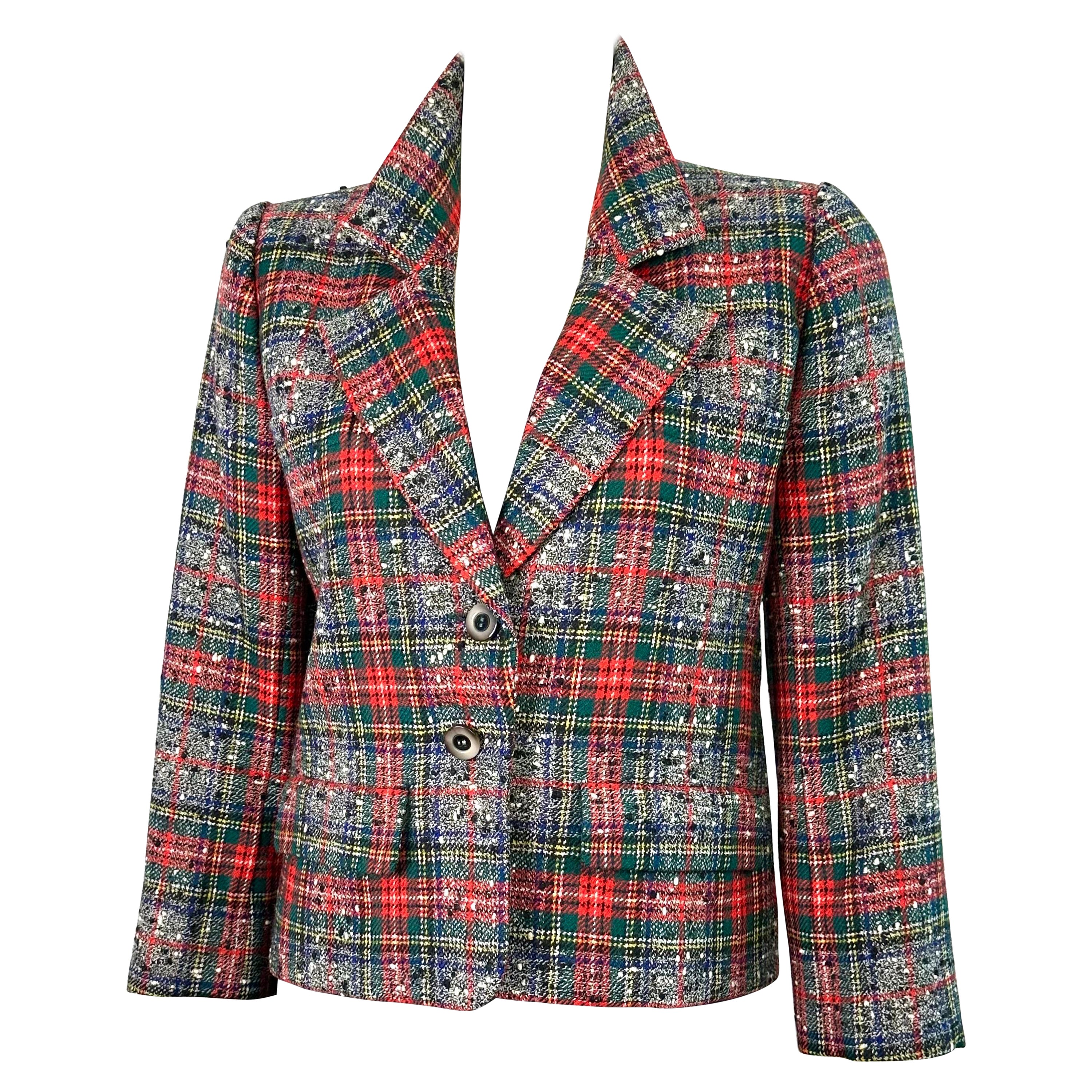 YSL Vintage Yves Saint Laurent Wolle Tartan Druck Jacke ca. 70 im Angebot