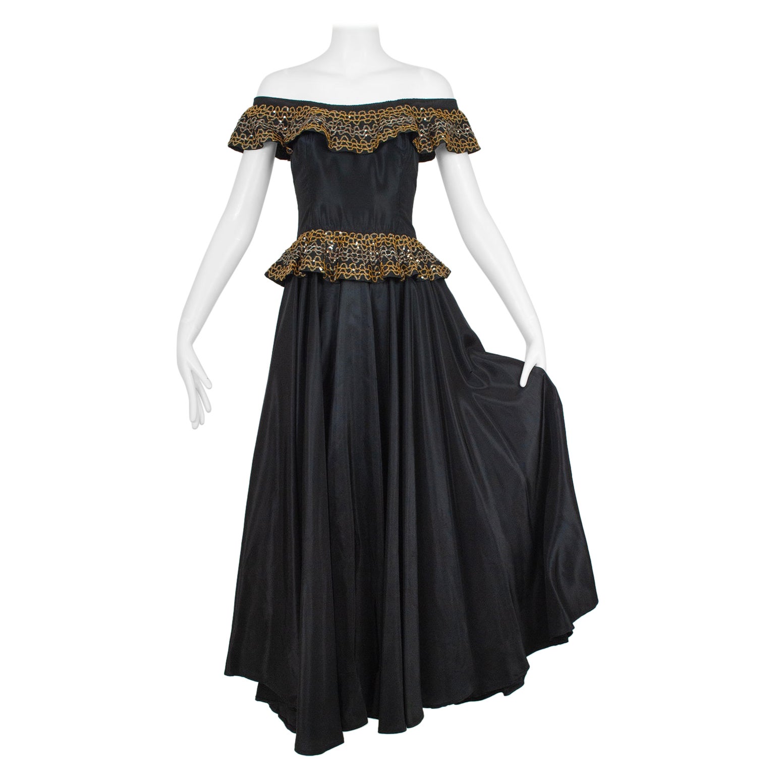 Black Taffeta Off-Shoulder Flamenco Gown with Sequin Peplum - XXS, 1940s For Sale
